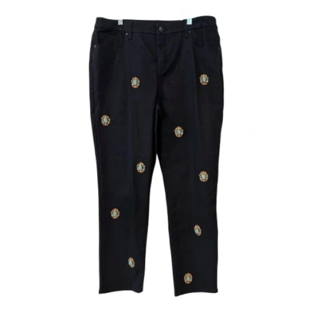 🆕 Chico's so slimming slim leg ankle black jeans turquoise medallion *NWT* $129 - Picture 1 of 11